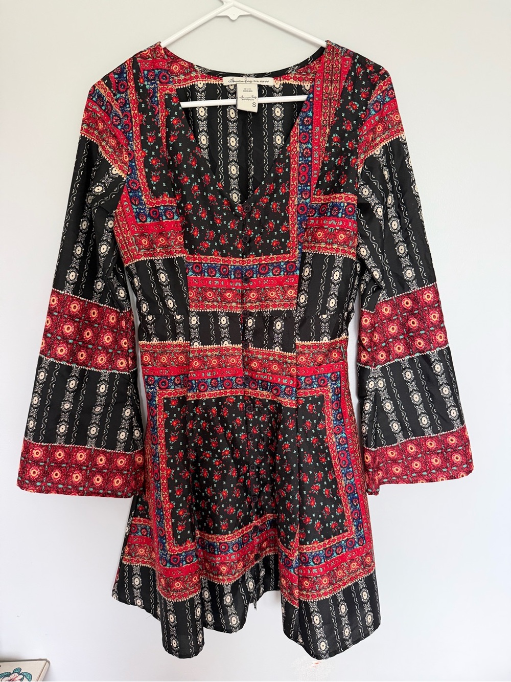 American Rag Boho Patchwork V-Neck Mini Dress in Black & Red
